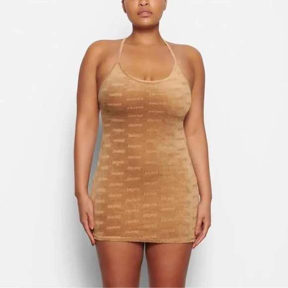 SKIMS Logo Velour Slip Dress Size 2X Color Camel Style NWT - Picture 1 of 5